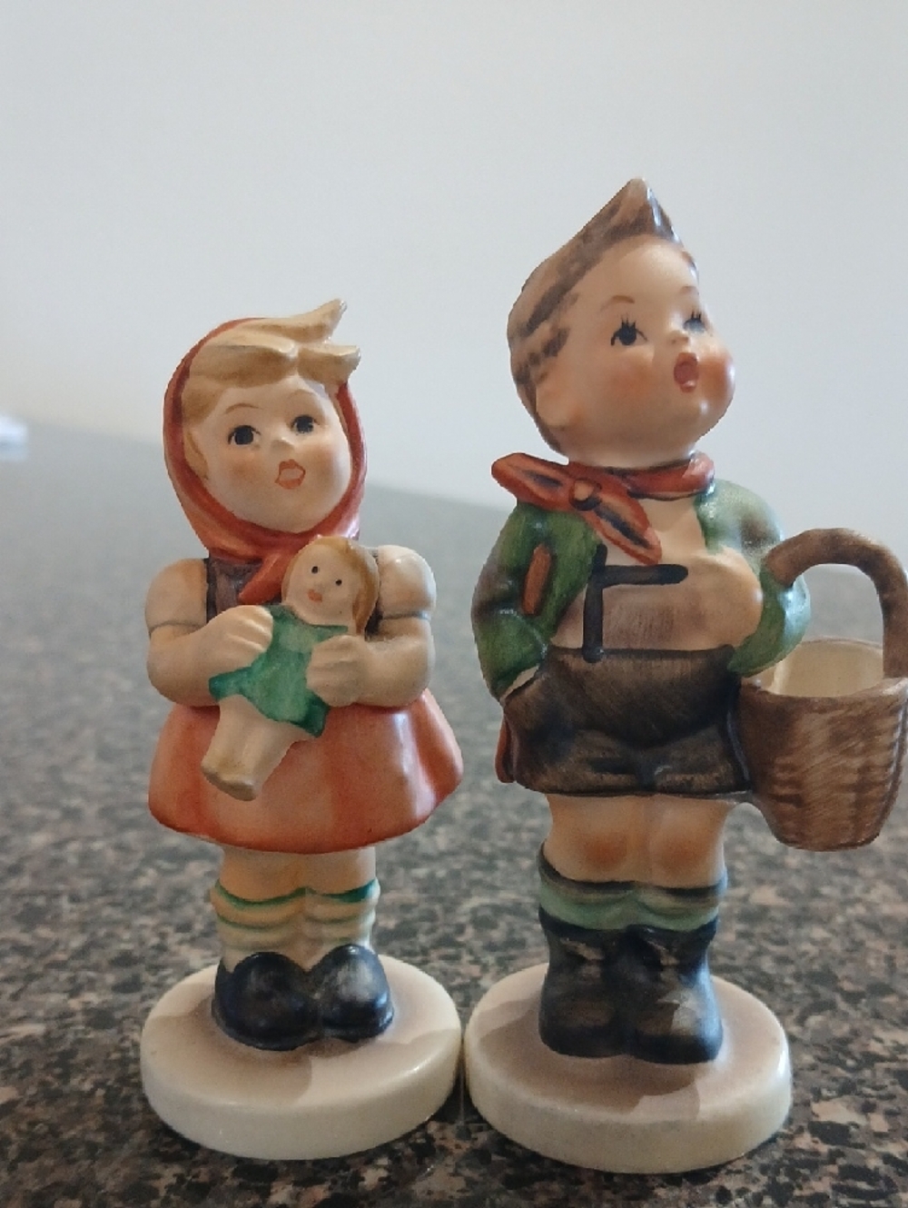 Hummel Peach & Green Boy and Girl Porcelain Figurines